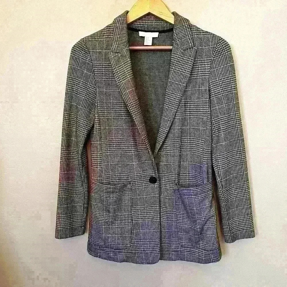 H &M Long Blazer Coat White Black Houndstooth Long Sleeve Womens Size 2